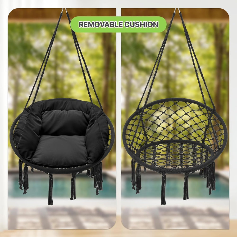 Magshion Macrame Hanging Hammock Chair with Cozy Full Cushion, Black