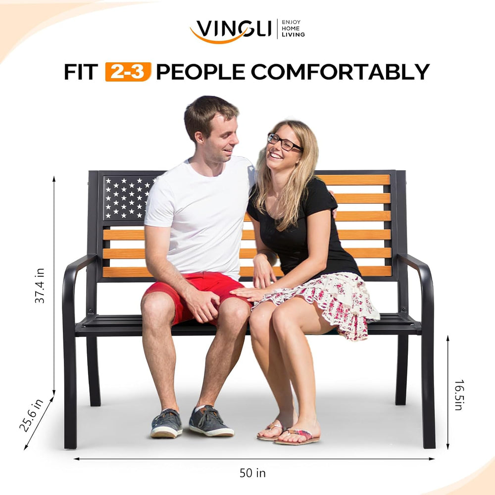 VINGLI Outdoor Metal Bench, 50in Weatherproof Garden Bench w/American Flag St...