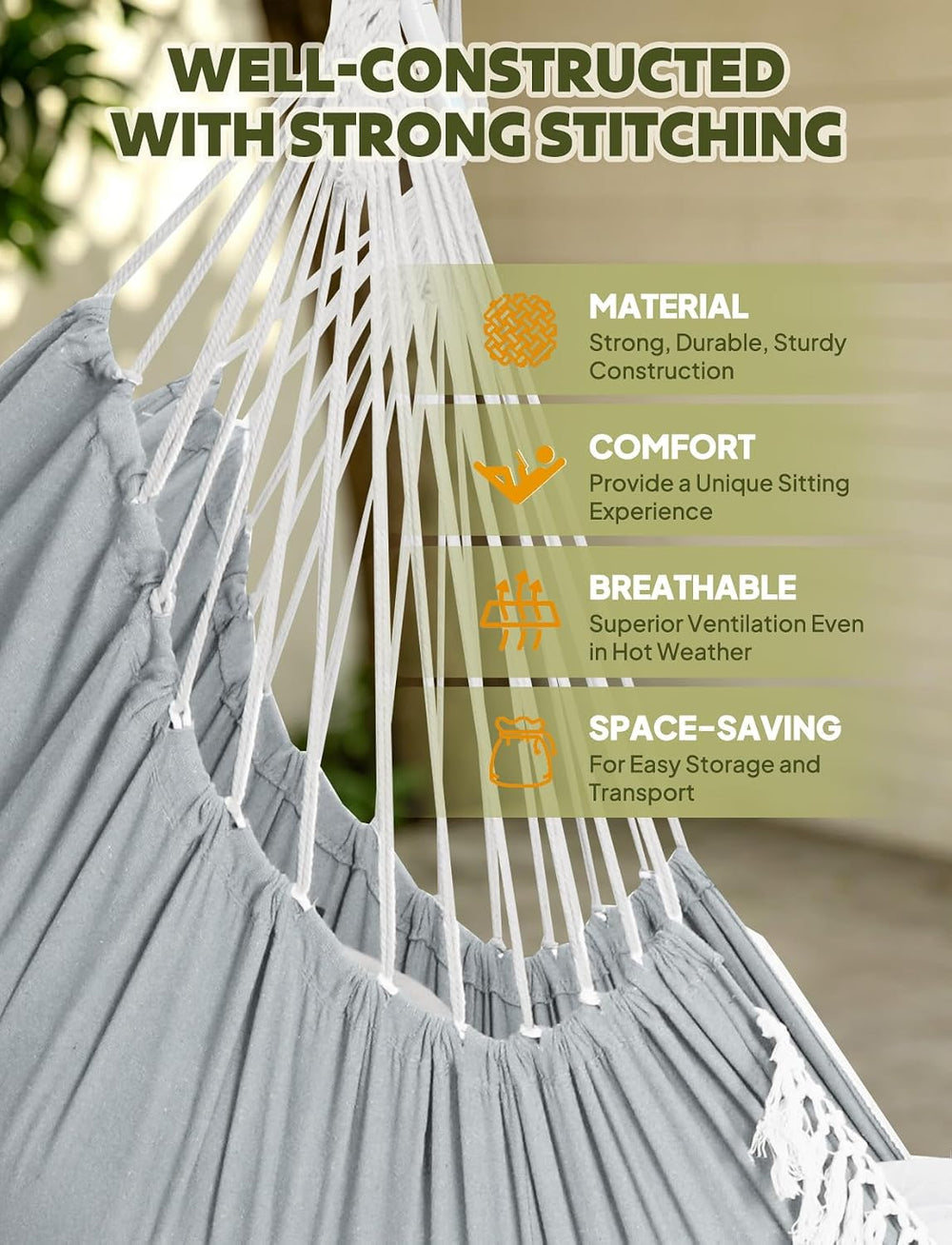 Chihee Hammock Chair 4.9ft x 3.9ft Max 500 Lbs 2 Cushions Strap Carabiner