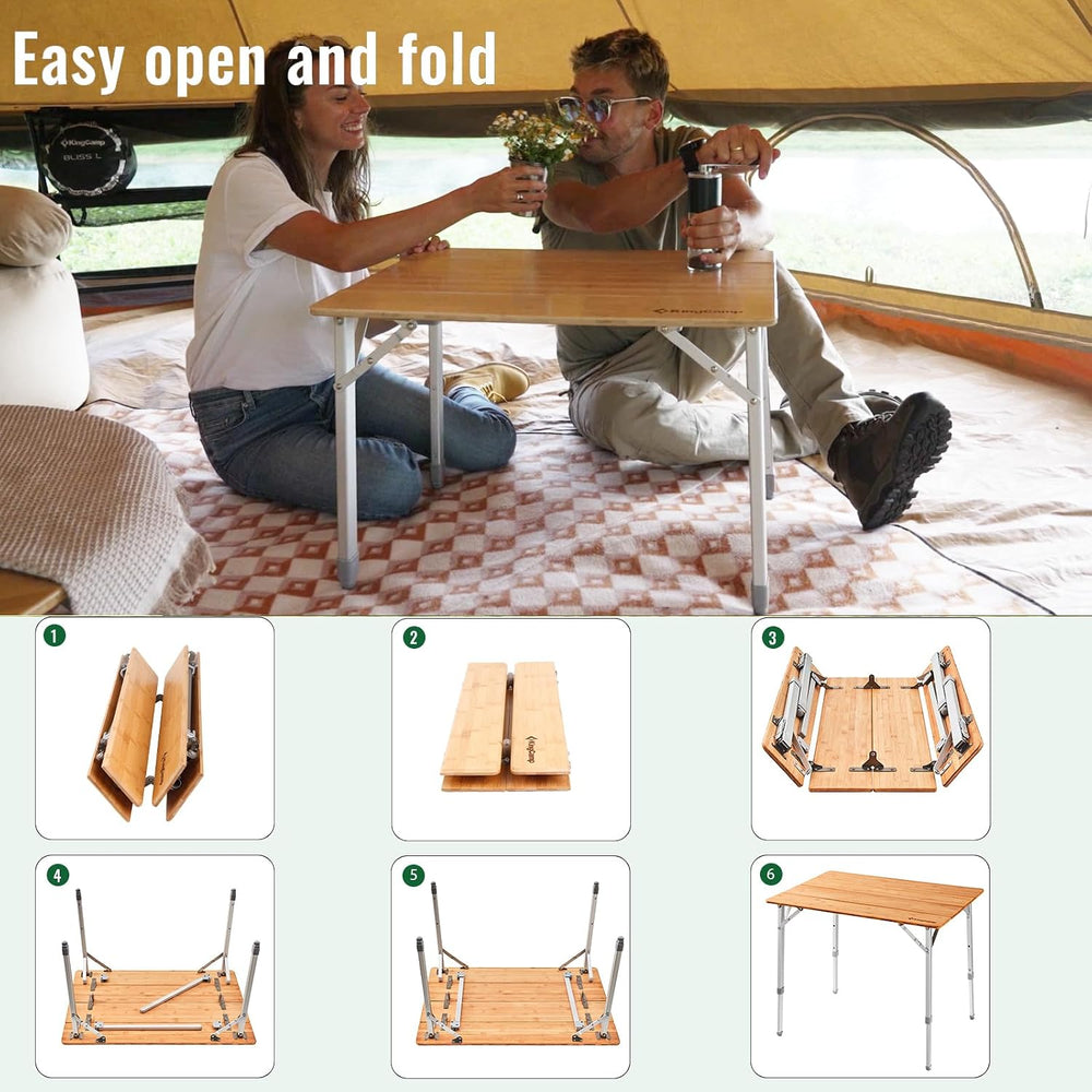 KingCamp Folding Camping Table Bamboo 4-Fold Adjustable Portable Table
