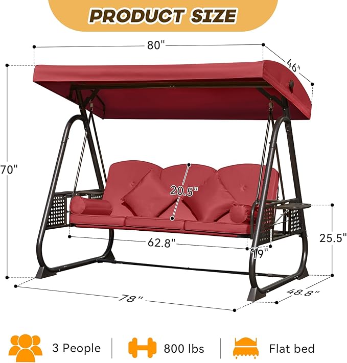 3 in 1 Outdoor Porch Swing with Adjustable Canopy, 3 Seat Outdoor Swing for A...
