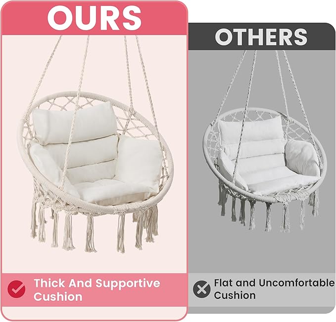 Macrame Hammock Hanging Swinging Chair with Medium Cushion, Perfect for Bedro...