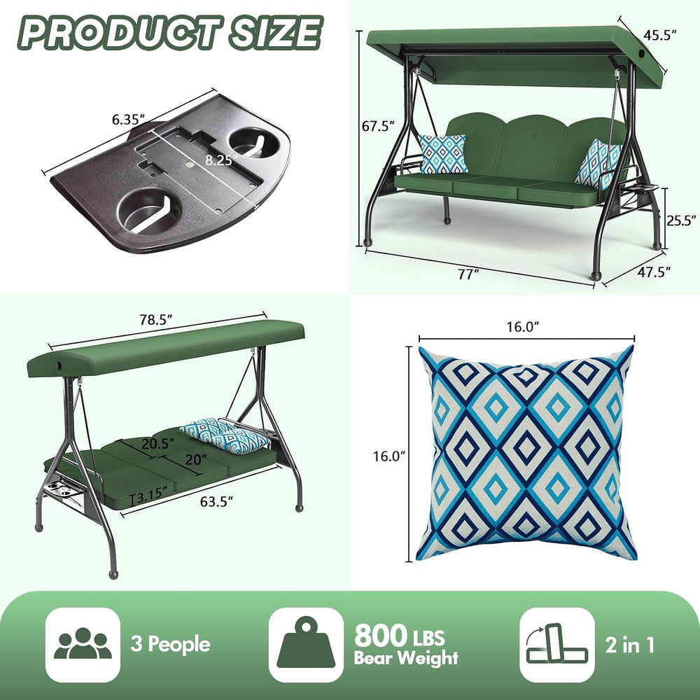 ZZW 3 Seat Outdoor Porch Patio Swing with Stand 800lbs 2-in-1 Convertible Swi...