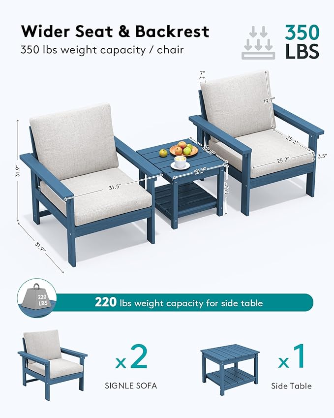 SERWALL HDPE Patio Sofa Set, 3-piece Sectional Outdoor Furniture Set, All Wea...
