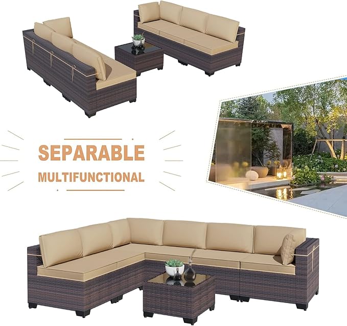 Kullavik 7 Pieces Outdoor Patio Furniture Set PE Wicker Rattan Sectional Sofa...