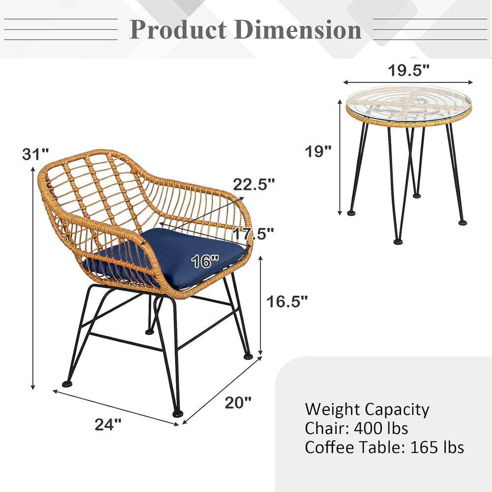 KOTEK 3 Pieces Patio Bistro Set with Seat Cushions, Navy
