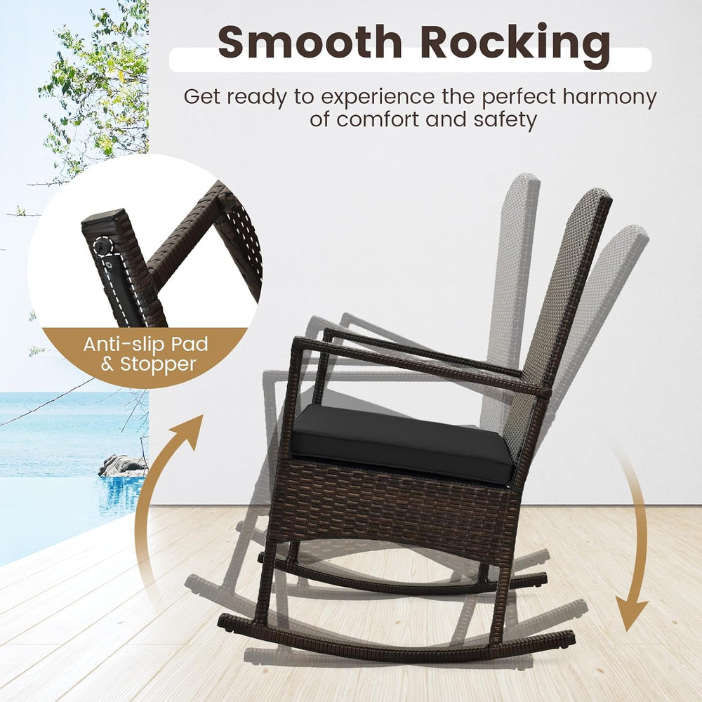 ORALNER 3 Pieces Patio Rocking Chair, Wicker Bistro Set w/Cushions (Black)