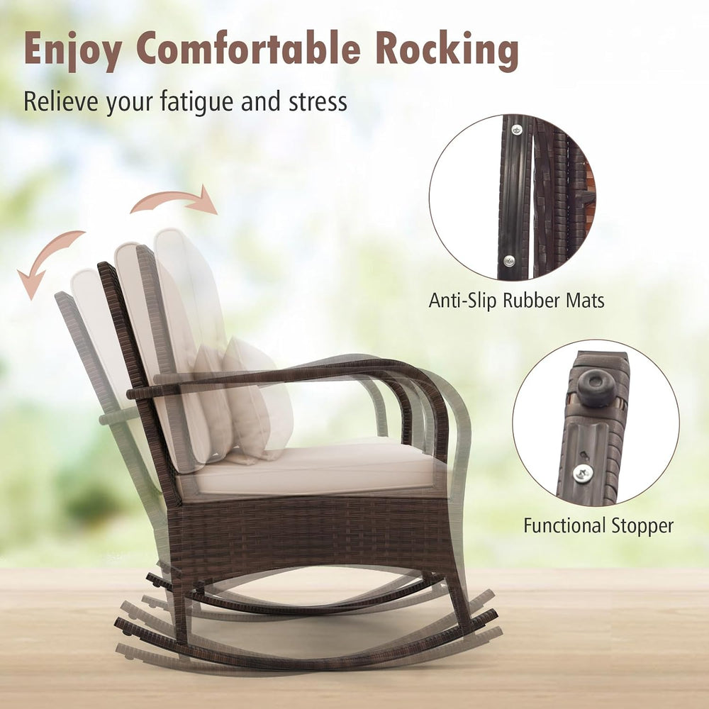 COSTWAY Outdoor Rocking Chairs Set of 2, 3 Piece PE Wicker Patio Bistro Set