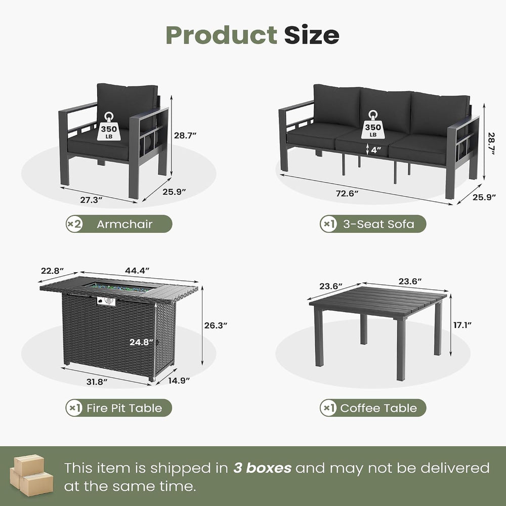 5 Piece Aluminum Patio Furniture Set with Fire Pit Table and Thick Cushions