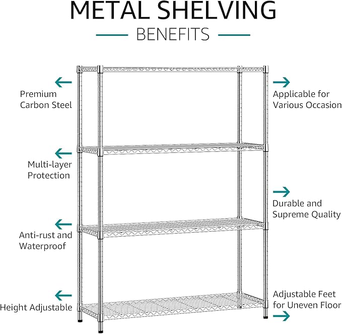IZEUK 4-Tier Adjustable Heavy Duty Metal Wire Shelving Unit, Wide Storage Rac...