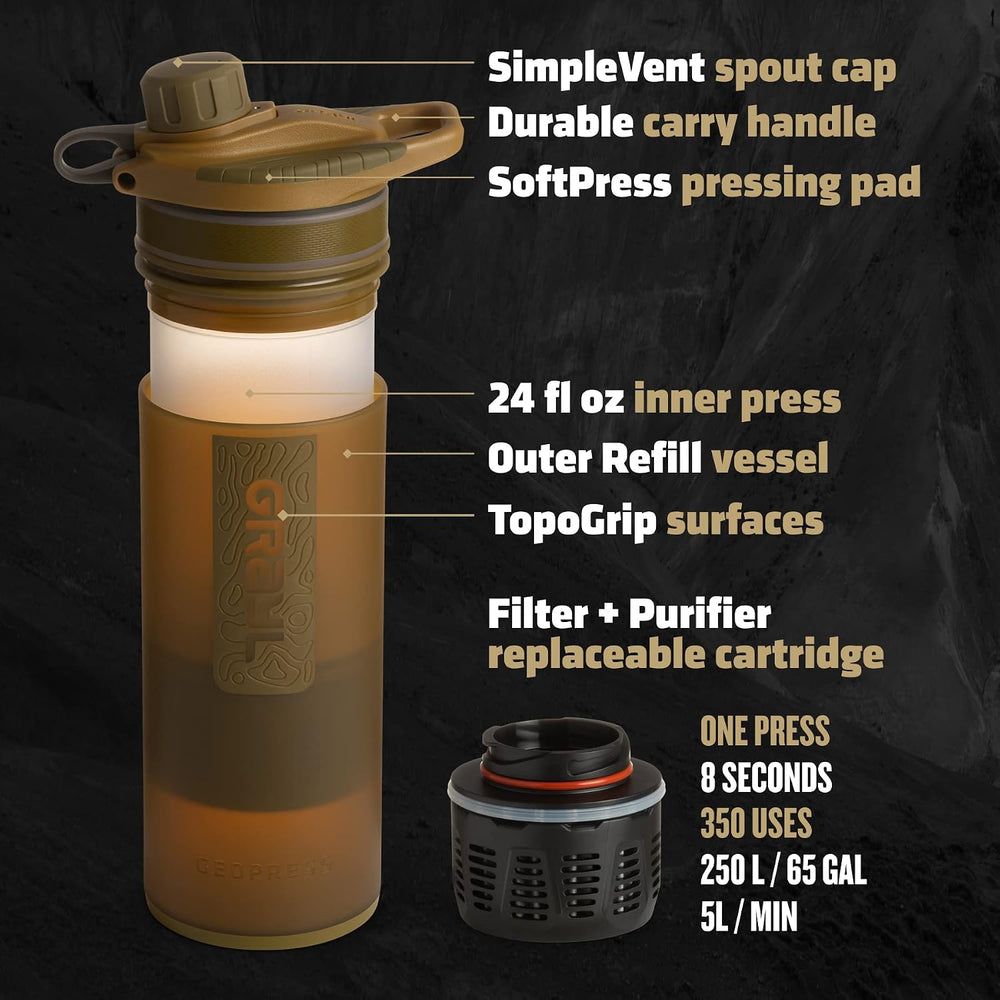 GRAYL GeoPress 24 oz Water Purifier & Water Filter Bottle, Coyote Brown