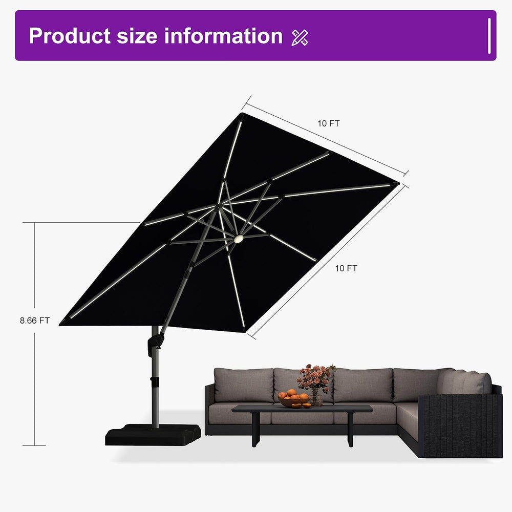 PURPLE LEAF Cantilever Umbrella 10' X 10' Solar LED Light Patio Deck,...