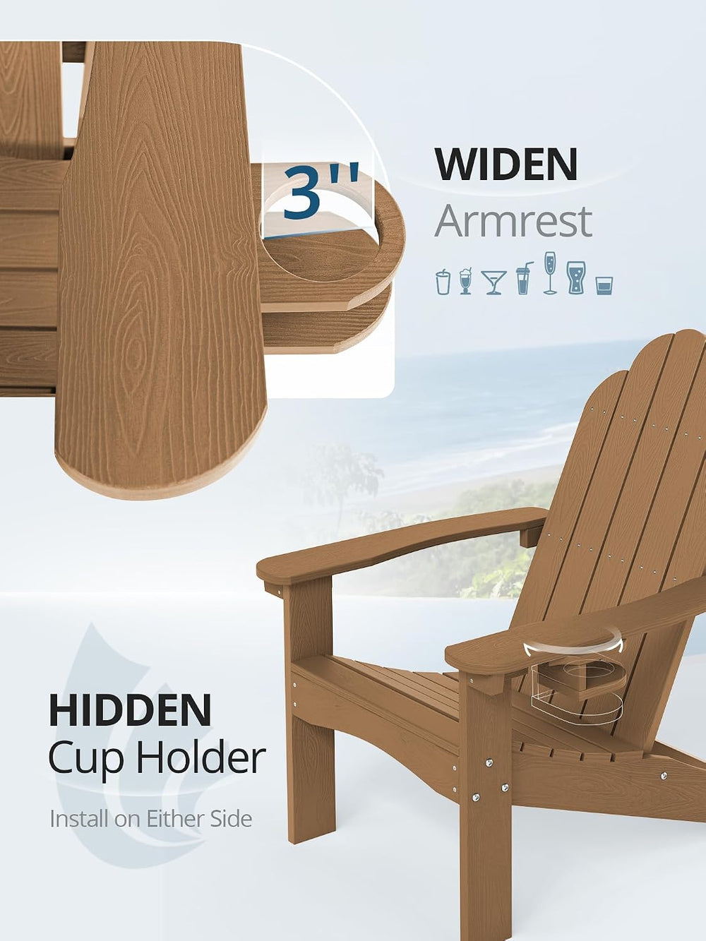 LUE BONA HDPE Adirondack Chairs Set of 2, Brown Fire Pit Chairs