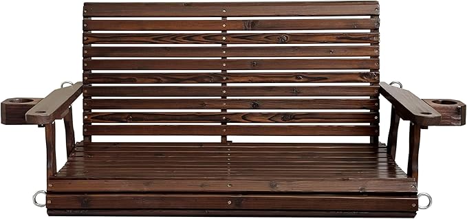Wooden Porch Swing 2-Seater, High Backrest and Deep Seat, Bench Swing with Cu...