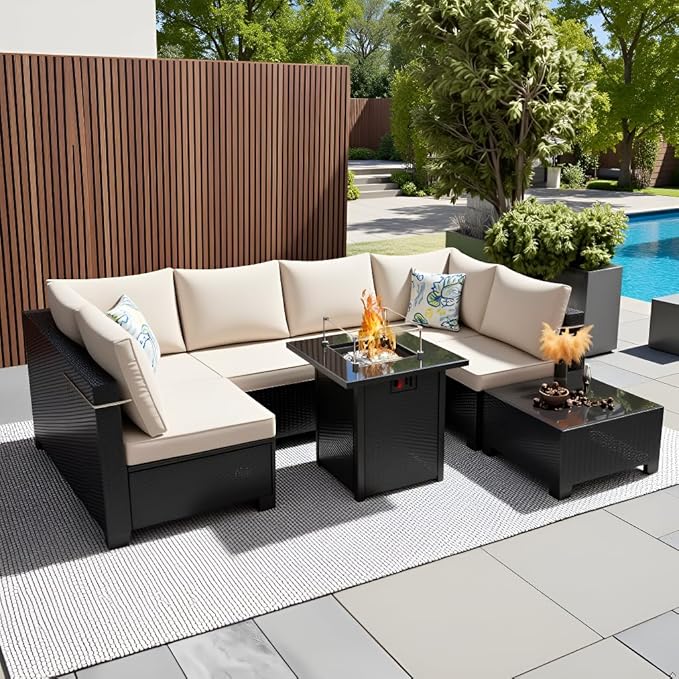 8 Pcs Patio Furniture Set with Fire Pit Table Wicker Outdoor Sectional Sofa, ...
