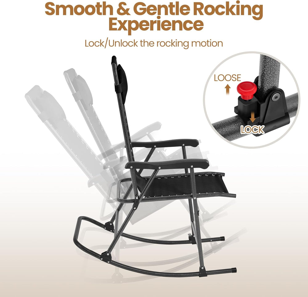 Yaheetech Patio Rocking Chair Folding Camping Chair with Pocket, Black