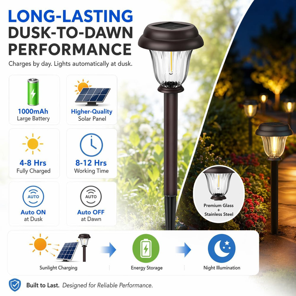 Solar Lights Outdoor, 6 Pack Brushed Stainless Steel Glass Solar Pathway Ligh...