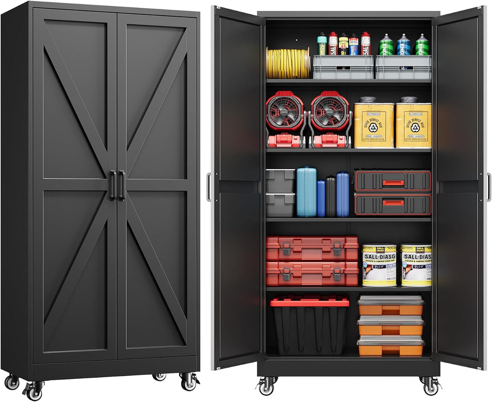 72" Tall Rolling Metal Garage Cabinets, Wheeled Black Storage Cabinet