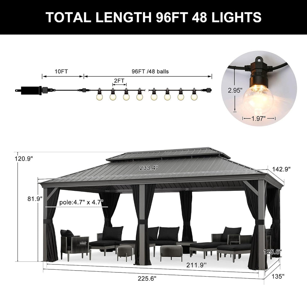 PURPLE LEAF Outdoor Gazebo 12' x 20' w/Lights & 4.7" Thick P...