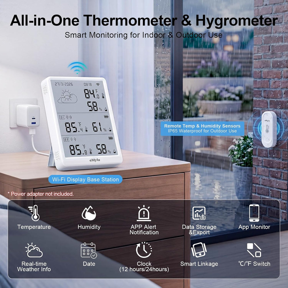 eMylo WiFi Thermometer Hygrometer with 2 IP65 Remote Sensors, 328Ft Range