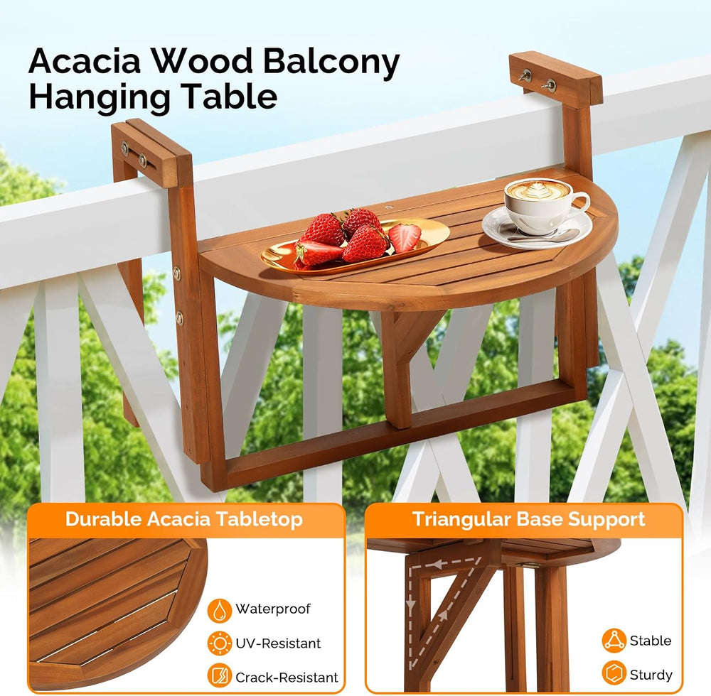 VINGLI 22in Acacia Wood Folding Balcony Hanging Table – Adjustable Height &am...