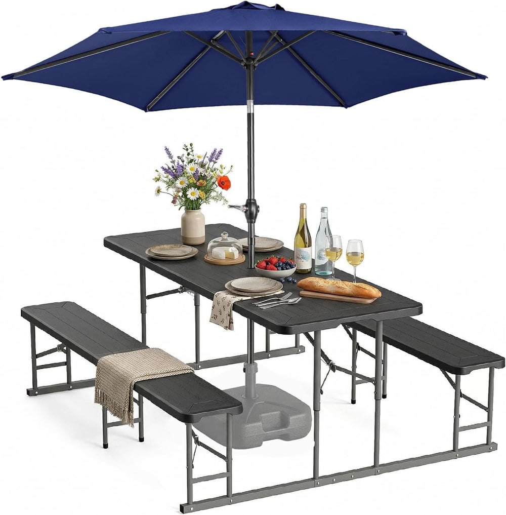 VINGLI Folding Picnic Table and Bench Set with Umbrella, Portable Outdoor Din...