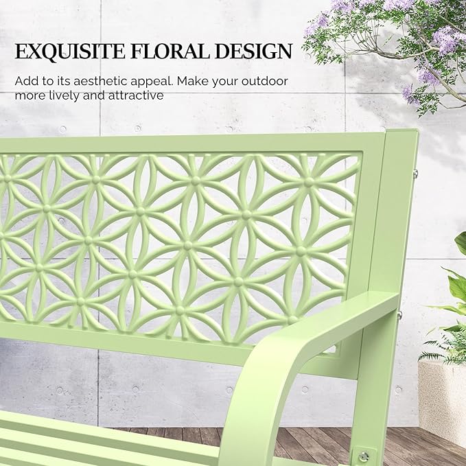 VINGLI 50" Outdoor Bench Metal with Floral Back, Garden Bench Front Porc...