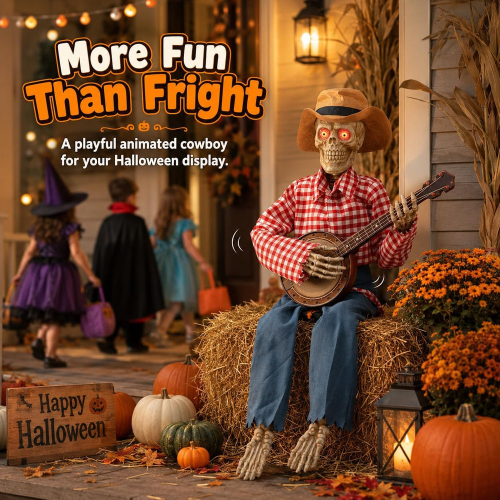 39" Halloween Animatronic Banjo-Playing Skeleton - Animated Scarecrow Co...