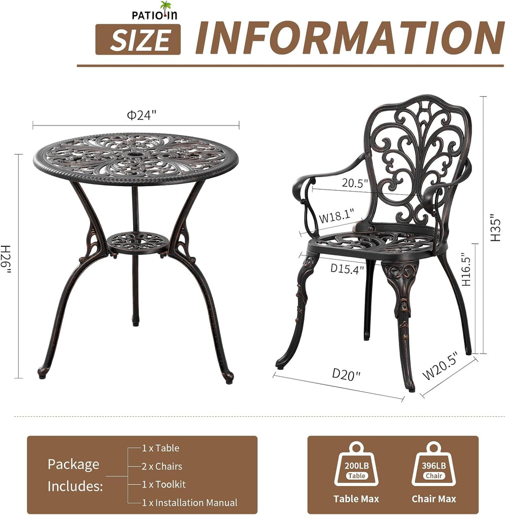 3 Piece Cast Aluminum Bistro Set, Bronze Bistro Table and Chairs Set of 2, 3 ...