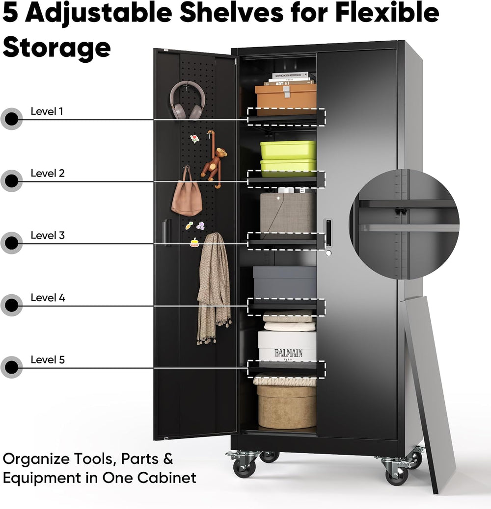 Aobabo 71" Metal Storage Cabinet with Wheels, 5 Shelves & Pegboards,...