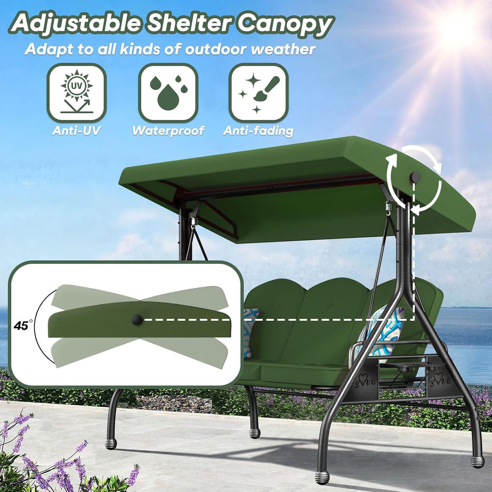 ZZW 3 Seat Outdoor Porch Patio Swing with Stand 800lbs 2-in-1 Convertible Swi...