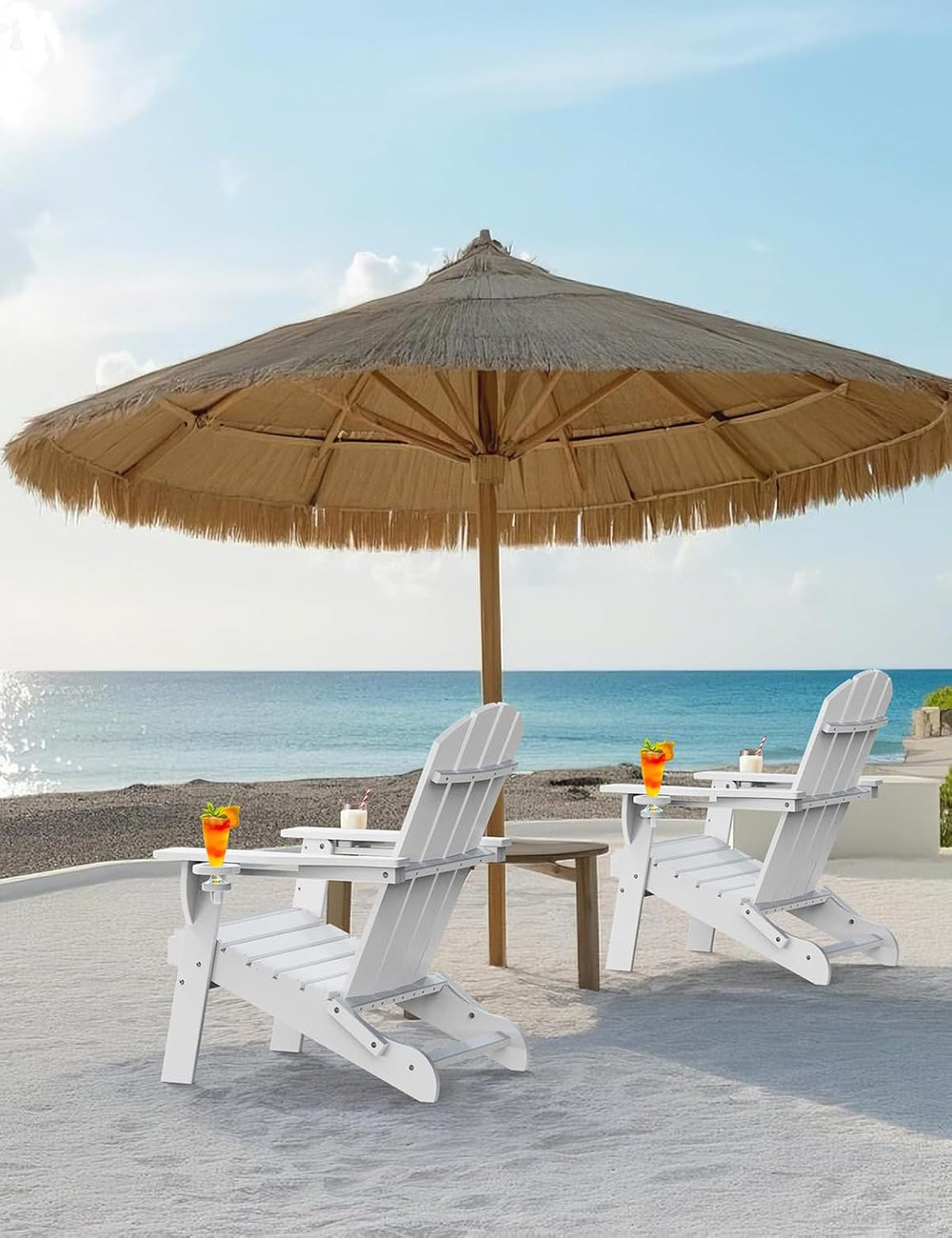 Folding Adirondack Chair, Wooden Textured Plastic Adirondack Chairs with 2 Cu...