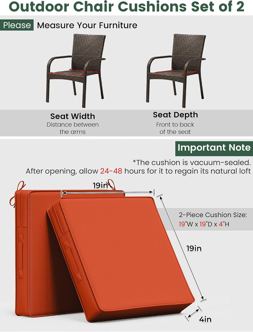 Outdoor Chair Cushions 19x19x4 Inch with Handles and Ties Cushion Set of 2