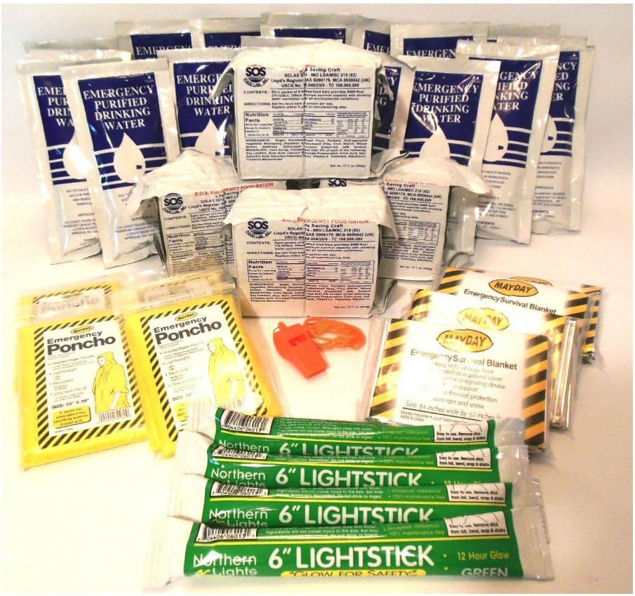 4 Person Emergency Survival Food Bars, Water and Gear for Boat Ditch Bag 5 YR