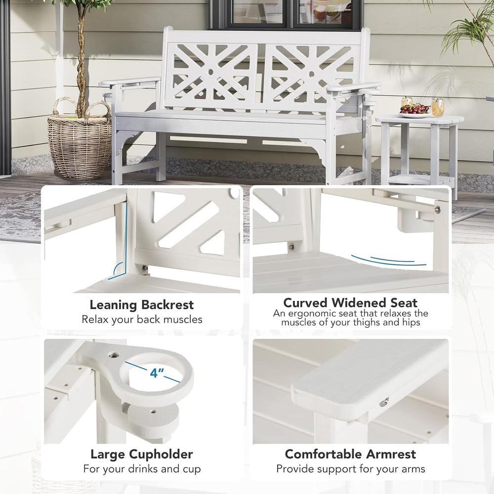 Oversized Outdoor Bench with Cup Holders, 51.5” HDPE Aesthetic Garden Bench f...