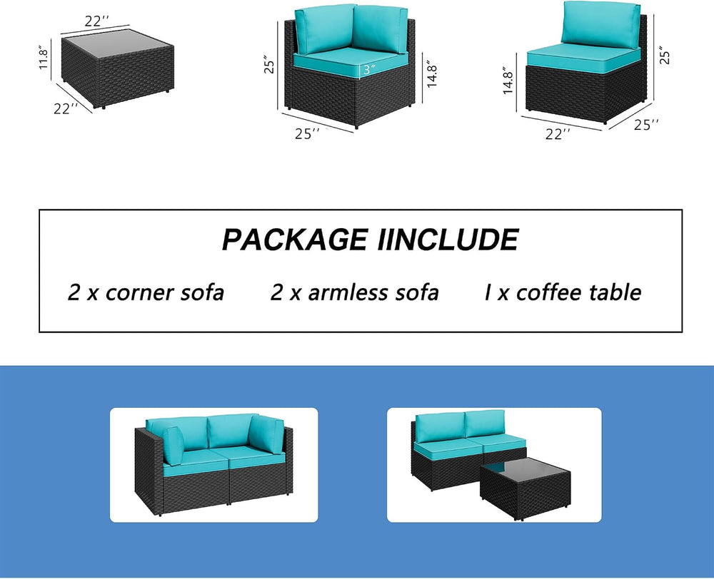 Shintenchi 5 Piece Outdoor Patio Furniture Set with Black PE Rattan, Blue