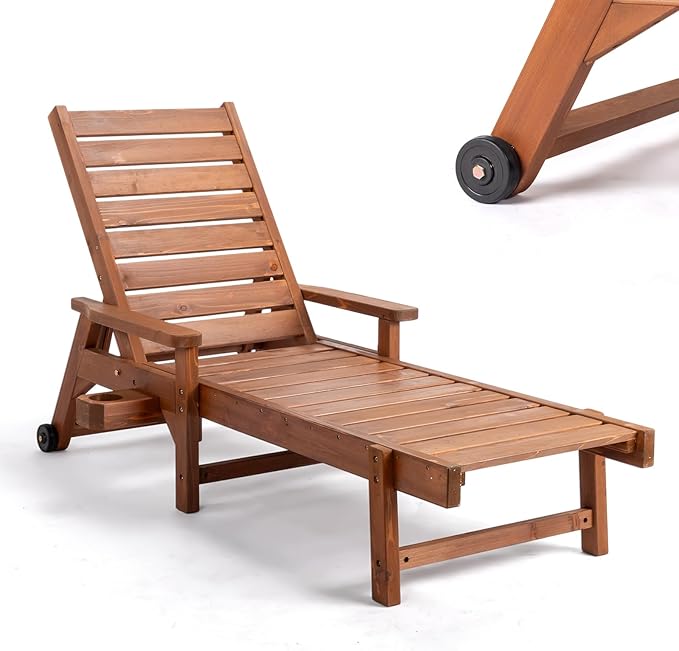 VINGLI Outdoor Chaise Lounge Chair, Wooden Patio Lounger Chair with Adjustabl...