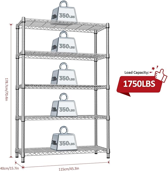 IZEUK 1750LBS Garage Shelving Wide Storage Shelves 5 Tier Metal Shelves Heavy...