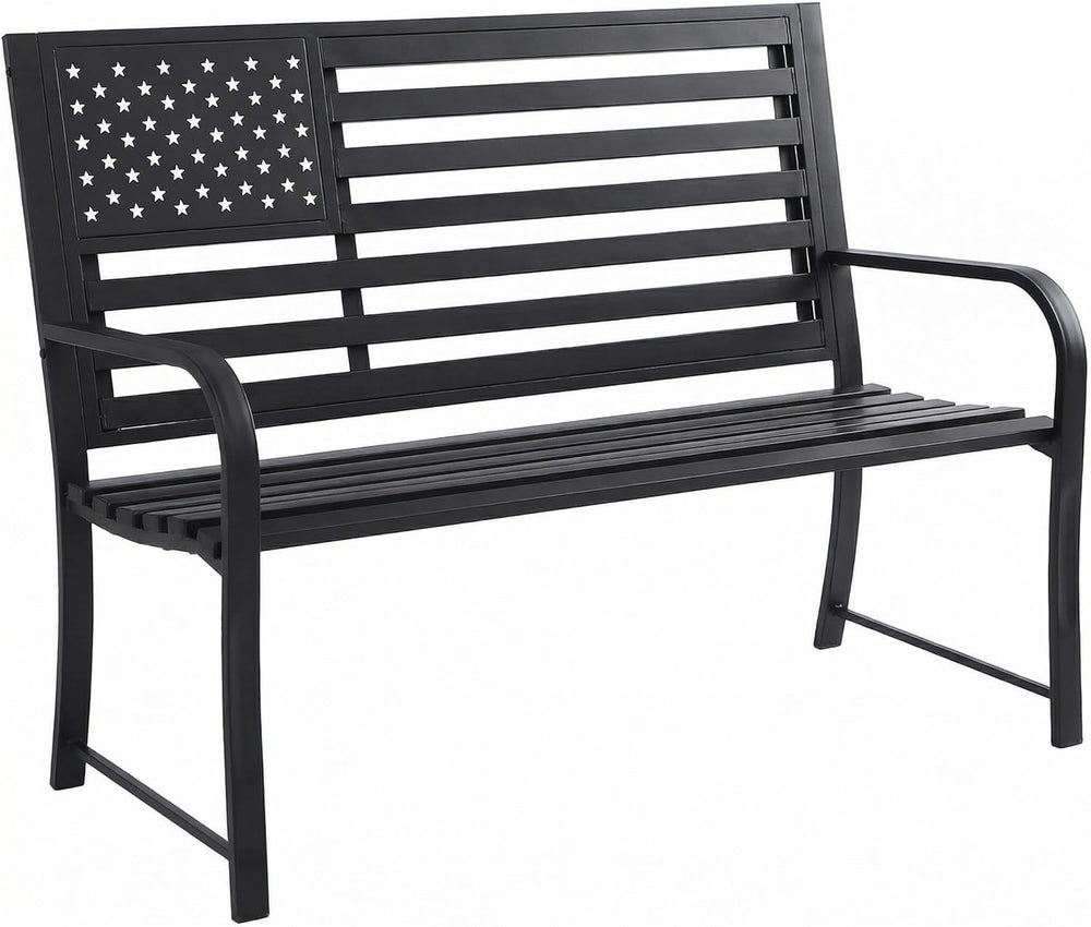 50" Garden Bench Outdoor Bench with American Flag Style, Cast Iron Metal...