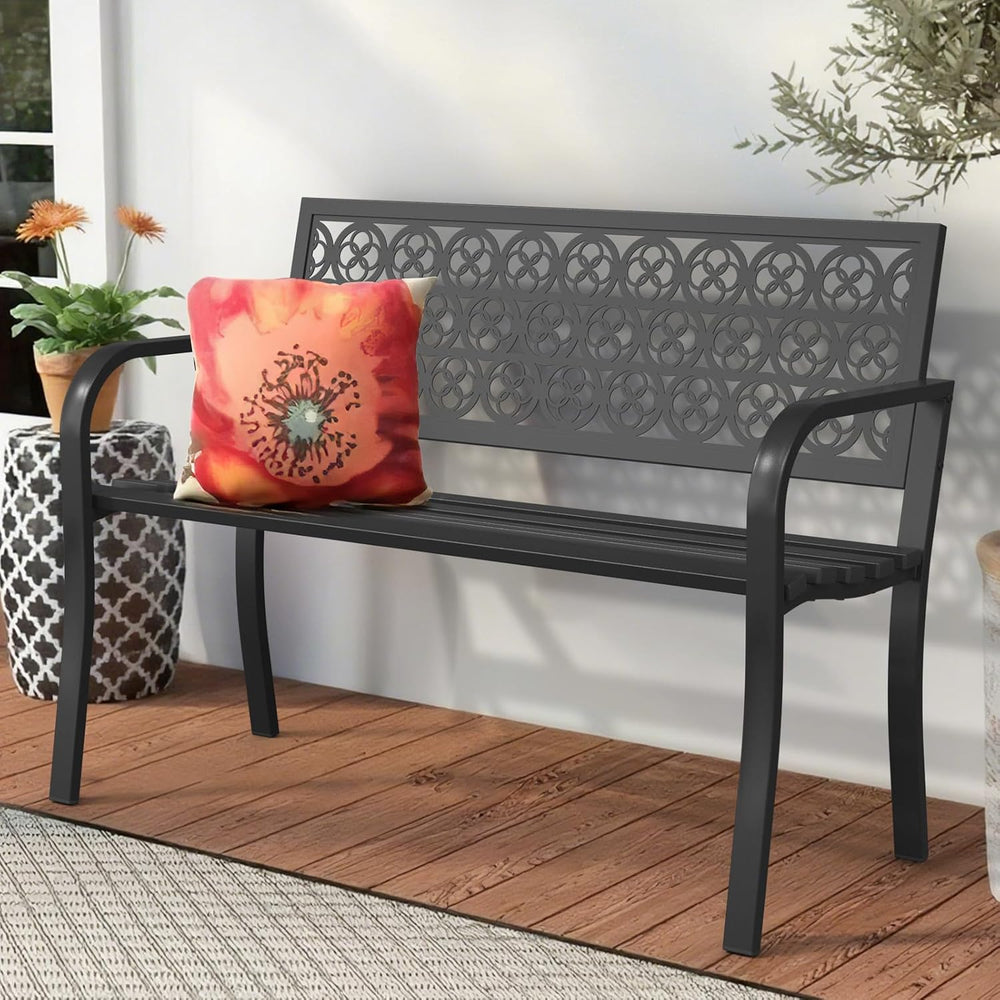 44" Outdoor Garden Bench, Iron Metal Frame Patio Bench with Backrest and...