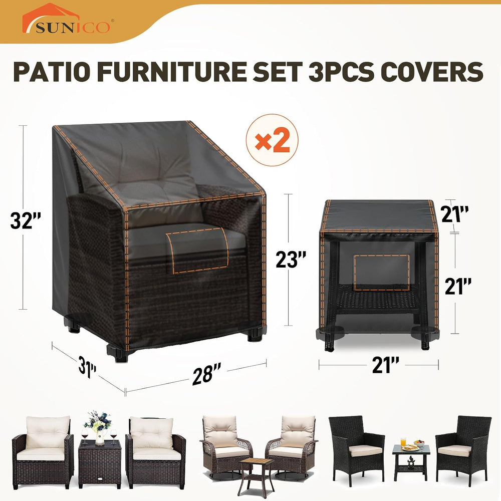 SUNICO Patio Furniture Covers 3 Piece Set,Outdoor Waterproof,Small,Black