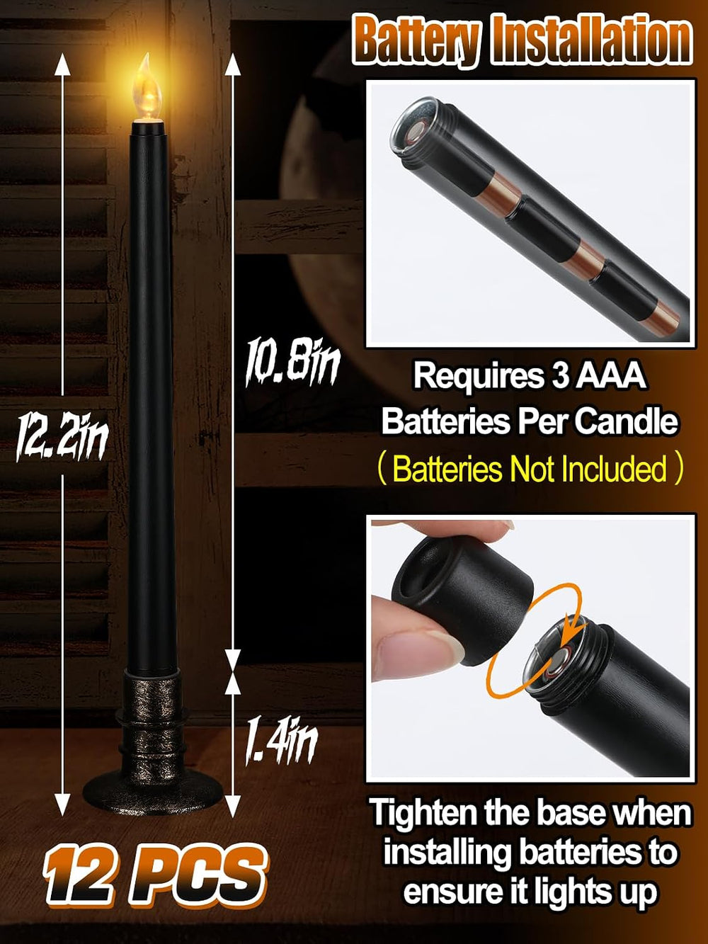 Alphatool 12 Pcs Black Halloween Flameless Candles with Timer & Bases