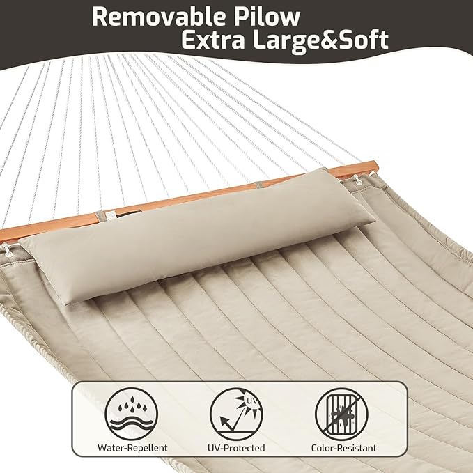 Double Quilted Fabric Hammock with Hardwood Spreader Bars and Pillow 450 LBS ...
