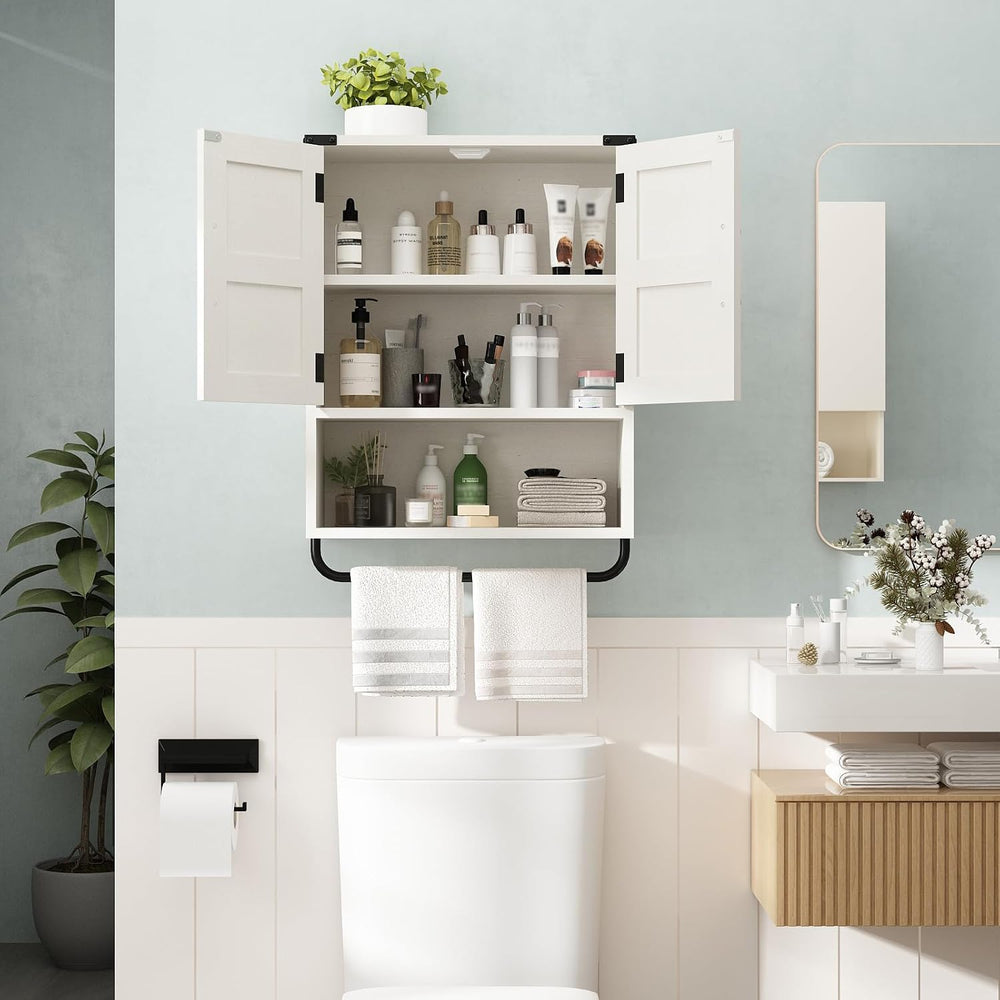 RUSTOWN Farmhouse Wall Storage Cabinet with 2 Barn Door & Towel Rack