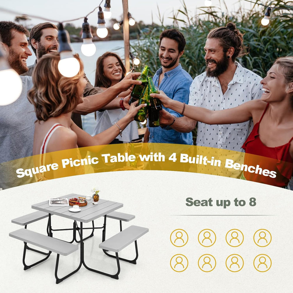 Tangkula 8 Person Square Picnic Table with 4 Built-in Benches, Grey