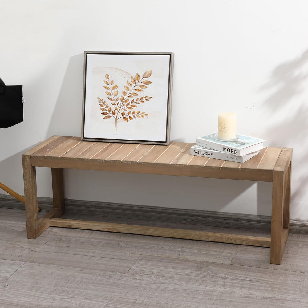 Wnutrees Farmhouse Solid Wood Entryway Bench, 43" Line Pattern Splicing