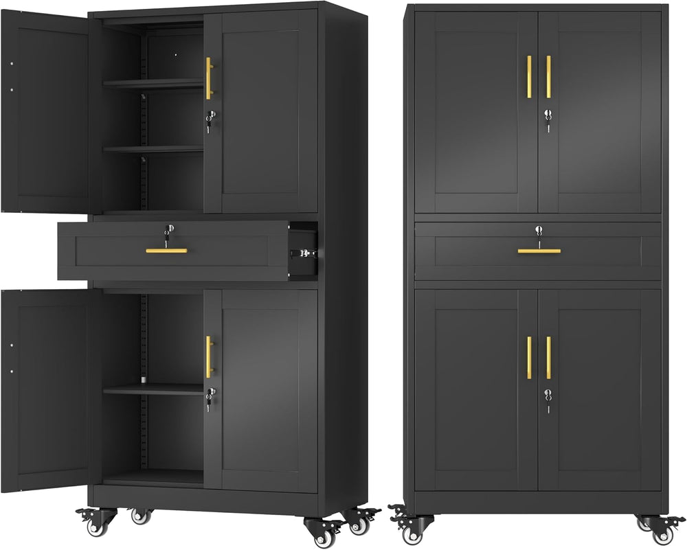 74" Metal Garage Storage Cabinet with Wheels and Locking Doors
