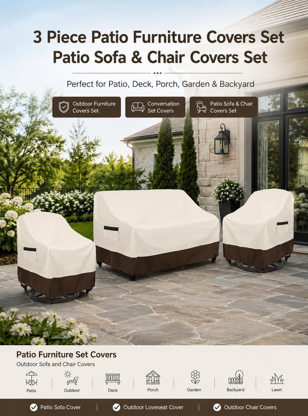 Patio Furniture Covers 3 Piece Set 2 Swivel Chair Covers + Loveseat Cover