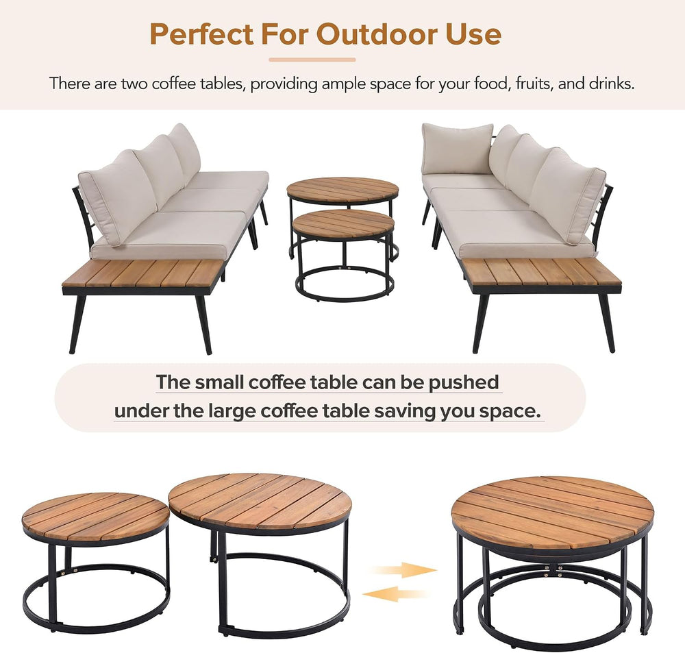 Modern Outdoor Sectional Sofa Set with Round Nesting Coffee Tables (Beige)