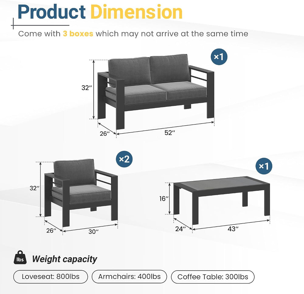 Aluminum Outside Furniture, All Weather Patio Sofa with 10" Back Cushion